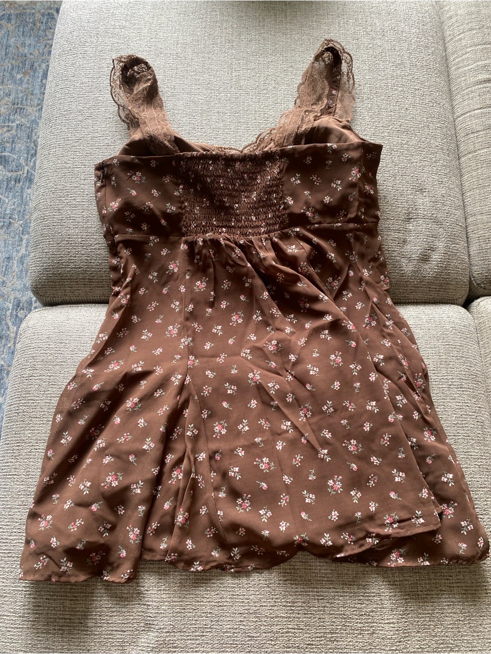 Abercrombie and Fitch Bra-Free Lace-Trim Button-Through Mini Dress —Brown Floral - Picture 6 of 9